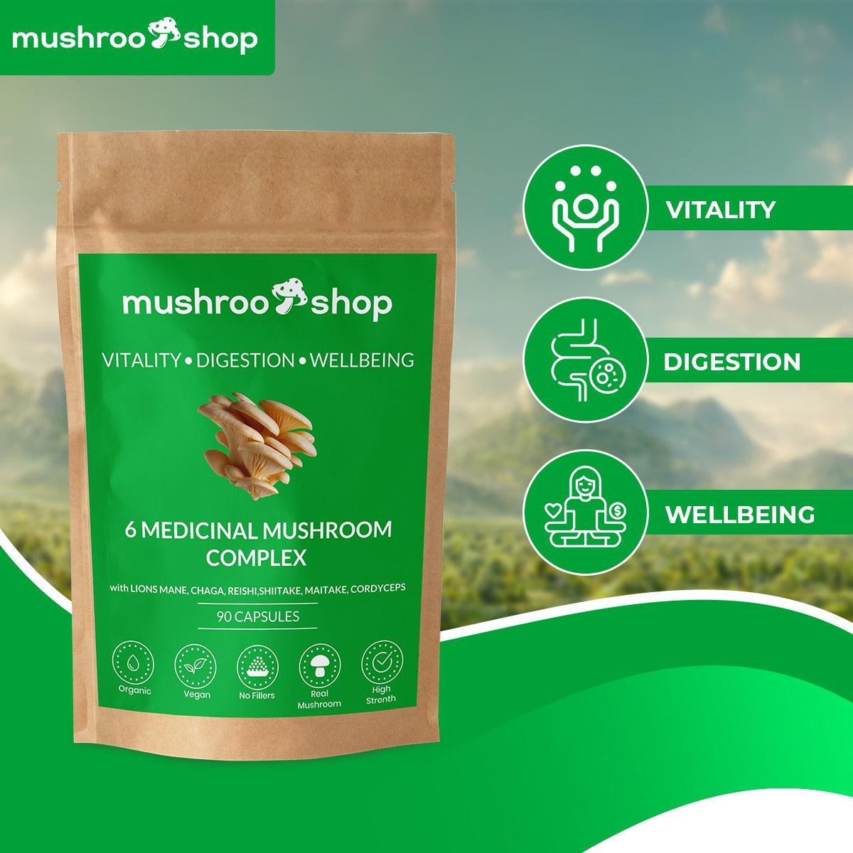 Mushroom shop UK mushroo.shop 6 MEDICINAL MUSHROOM COMPLEX  Capsules UK Organic mushrooshop 34- mushroo.shop